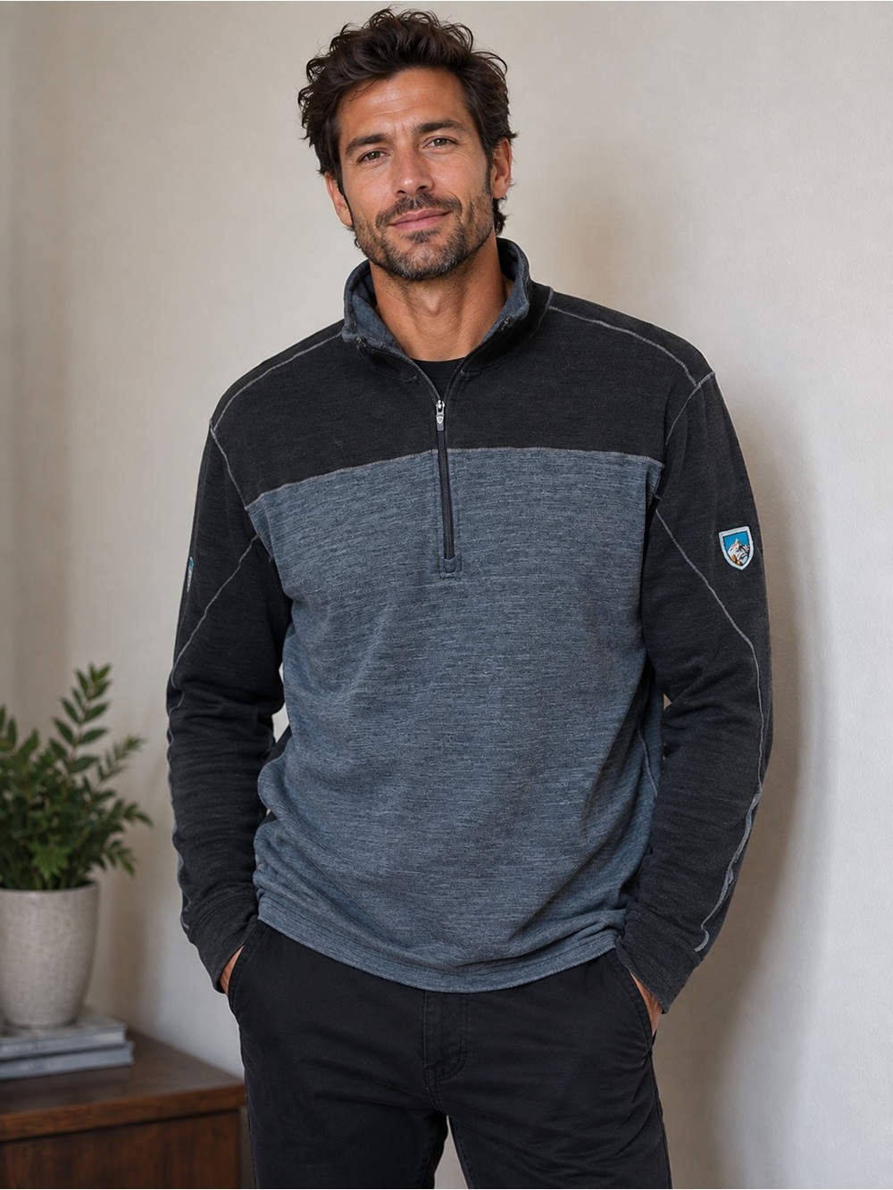 KÜHL Men’s Large Merino Wool Blend 1/4 Zip Pullover Black Gray Outdoor Hiking